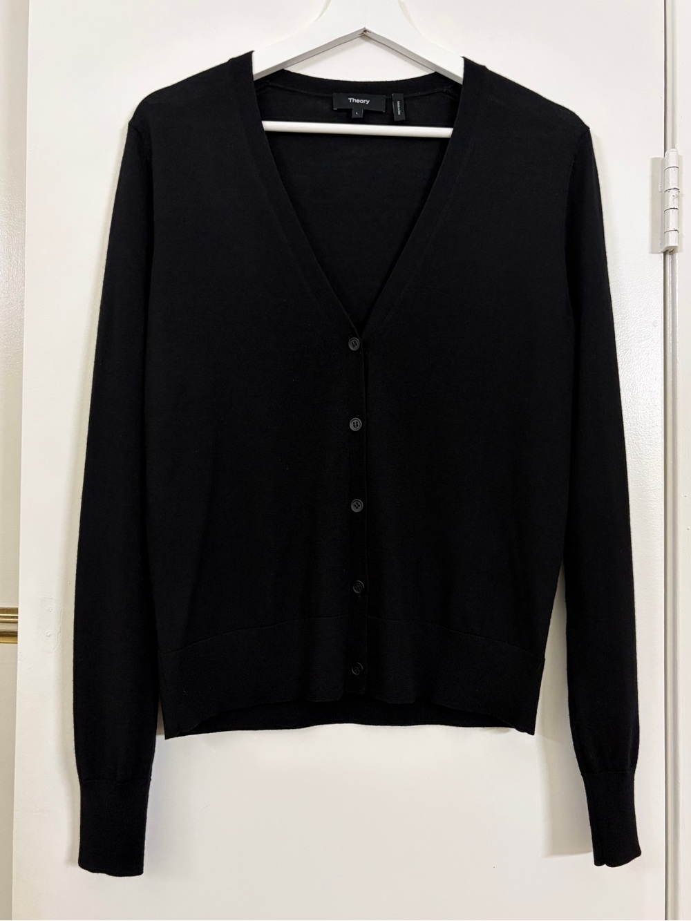 Theory Preen 100% Wool V-Neck Button Cardigan Sweater Black L Classic Minimalist